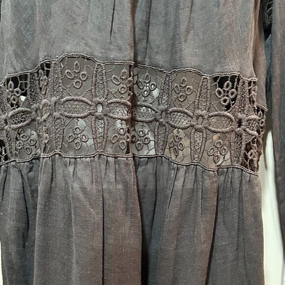 Free People Linen/Cotton Charcoal Gray Dress w/Embroidered Trim Size L - Picture 7 of 16